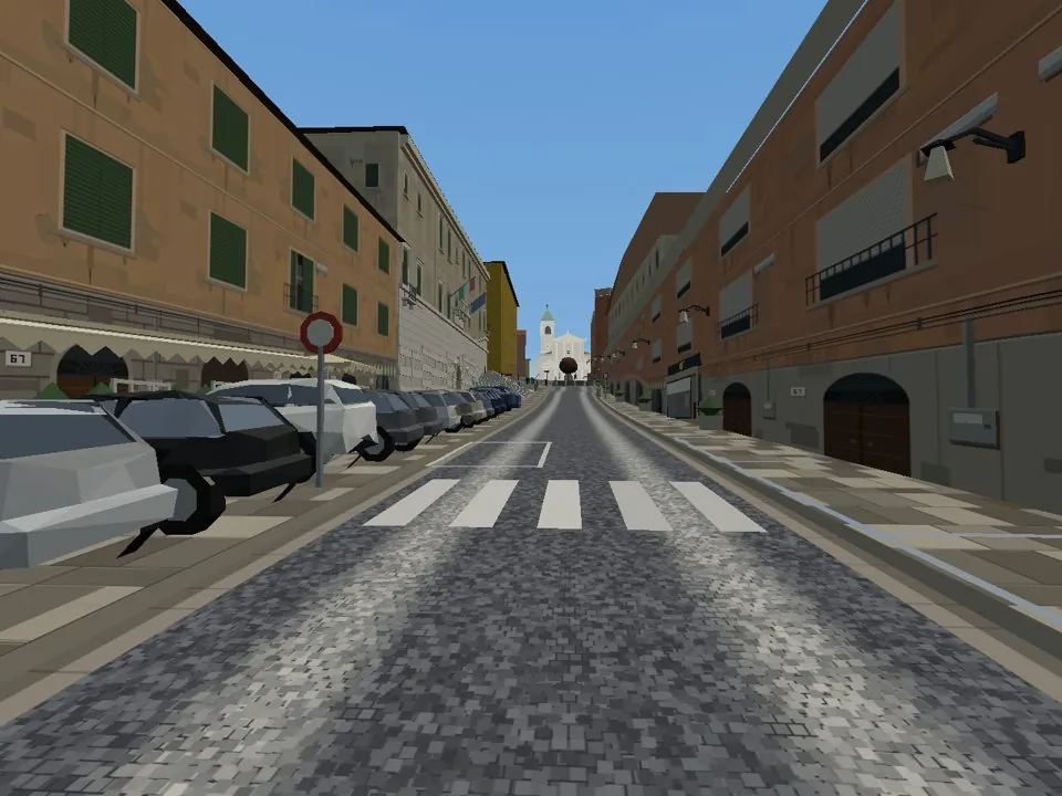 Via Belardi nel gioco: la strada in salita verso la chiesa, con le auto parcheggiate ai lati