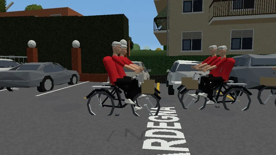 Ciclisti nel gioco, fermi a un incrocio del paese