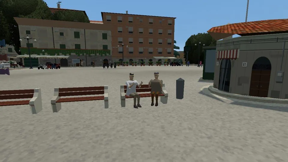 Due anziani seduti su una panchina in una piazza del gioco