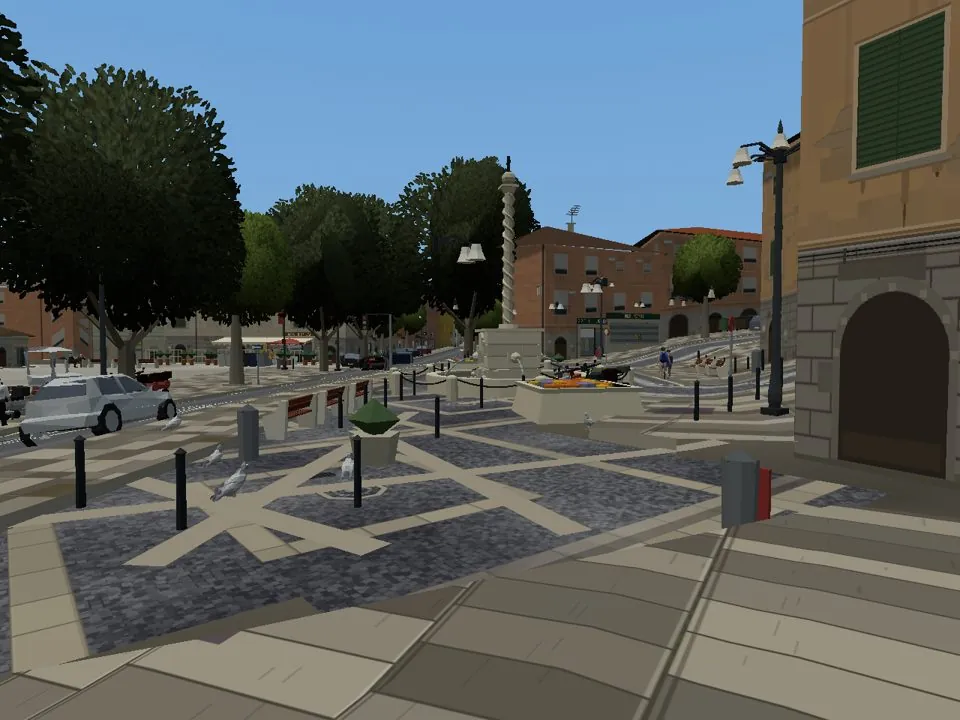 La piazza col pavimento a disegni, la colonna e le panchine