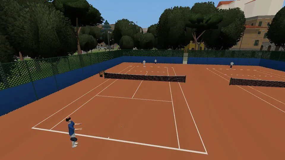 Un campo da tennis in terra rossa nel gioco, con due giocatori